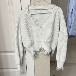 Frayed Hem White Sweater